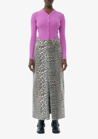 Leopard Denim Maxi Slit Skirt