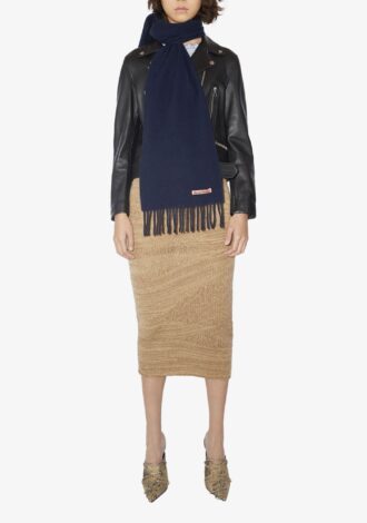 Skinny Fringe Wool Scarf Navy