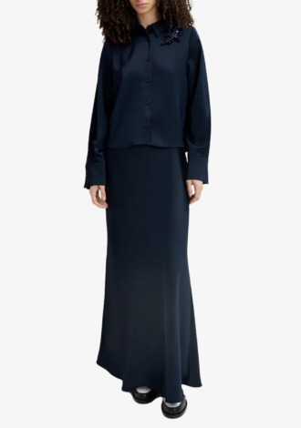 Giada Navy Blue Satin Maxi Length Skirt