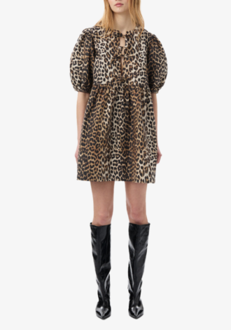 Leopard Printed Cotton Tie String Mini Dress