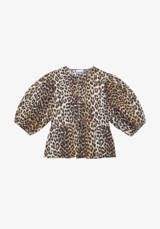 Leopard Cotton Poplin Peplum Tie Blouse