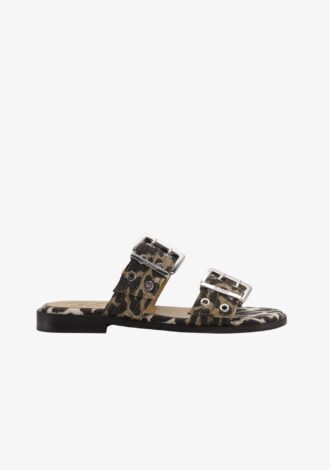 Leopard Denim Feminine Buckle Two-Strap Sandals